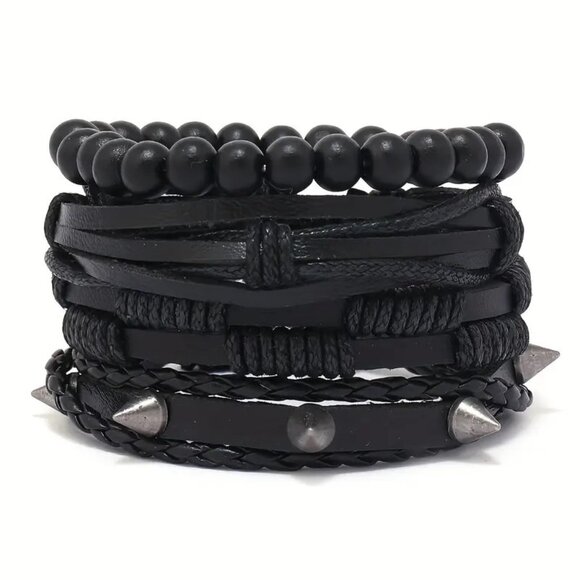 Cuff Bracelet Leather 4pc Black Spike Beads Rave  Rock Edgy Goth Grunge Punk Emo - Picture 2 of 4
